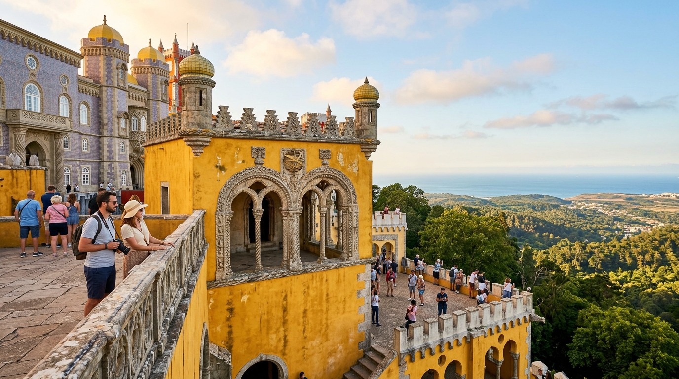 Visitors exploring the colorful ramparts and terraces of Pena Palace overlooking Sintra