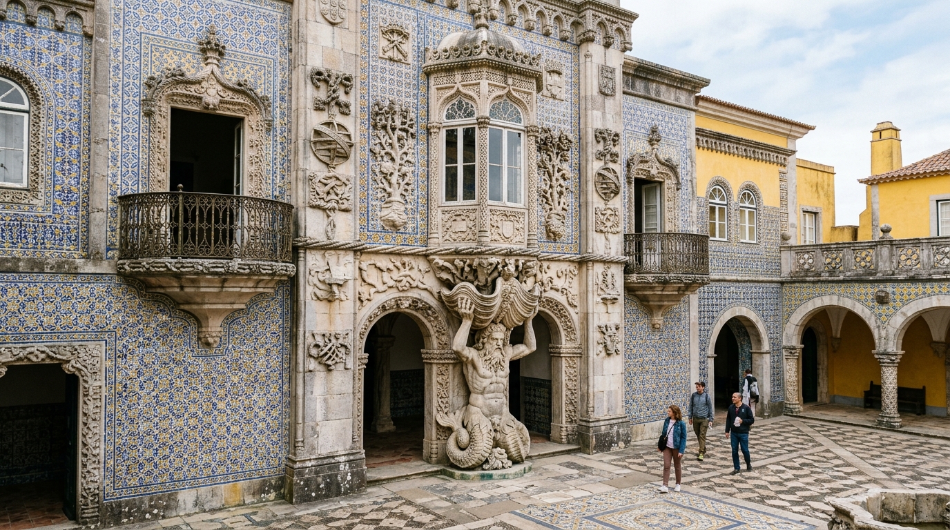 The ornate Manueline Triton Arch gateway and tiled courtyard inside Pena Palace